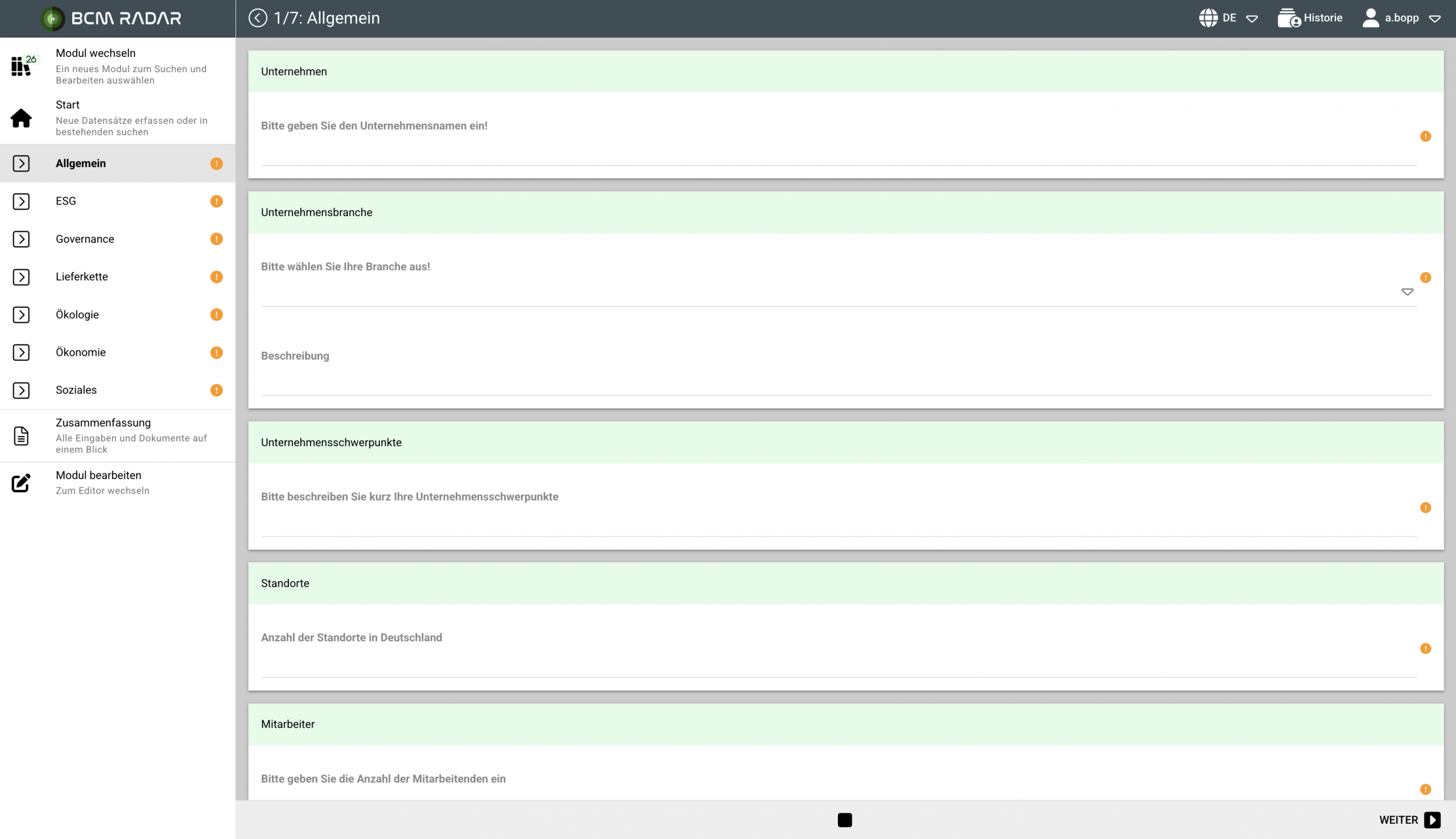 Neuanlage – Allgemeine Unternehmensdaten